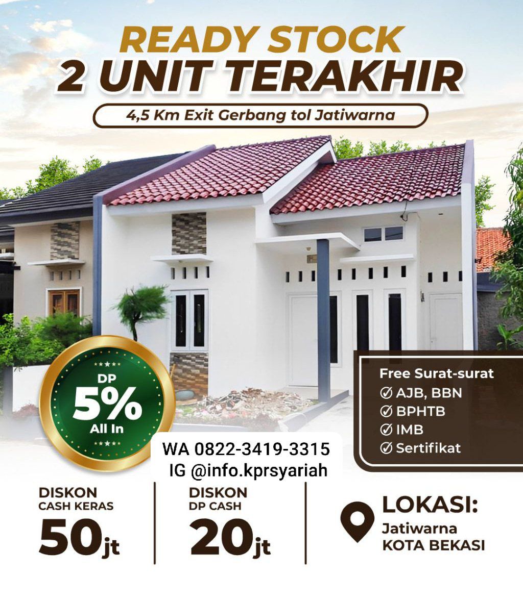 Rumah readystok bebas biaya DP 5 % Jatiwarna kota Bekasi