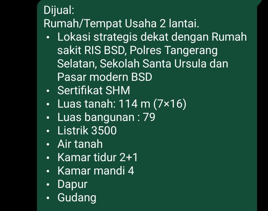 Dijual Rumah Dan Tempat usaha di BSD Tangerang Selatan