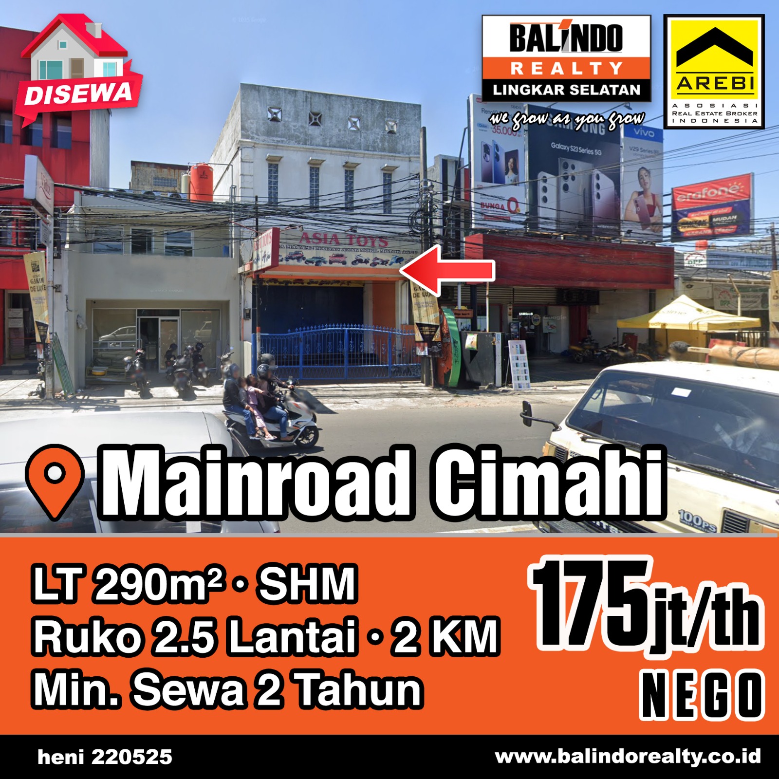 Disewakan Ruko 2 Lt Kawasan Bisnis Strategis di Mainroad Cimahi