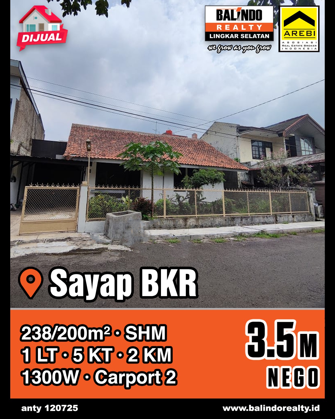 Dijual Rumah 1 Lantai di Sayap BKR