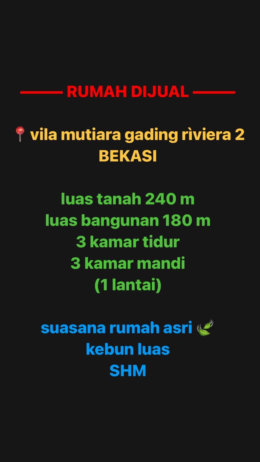 Dijual rumah unit spesial Di Villa Mutiara Gading Riviera Bekasi