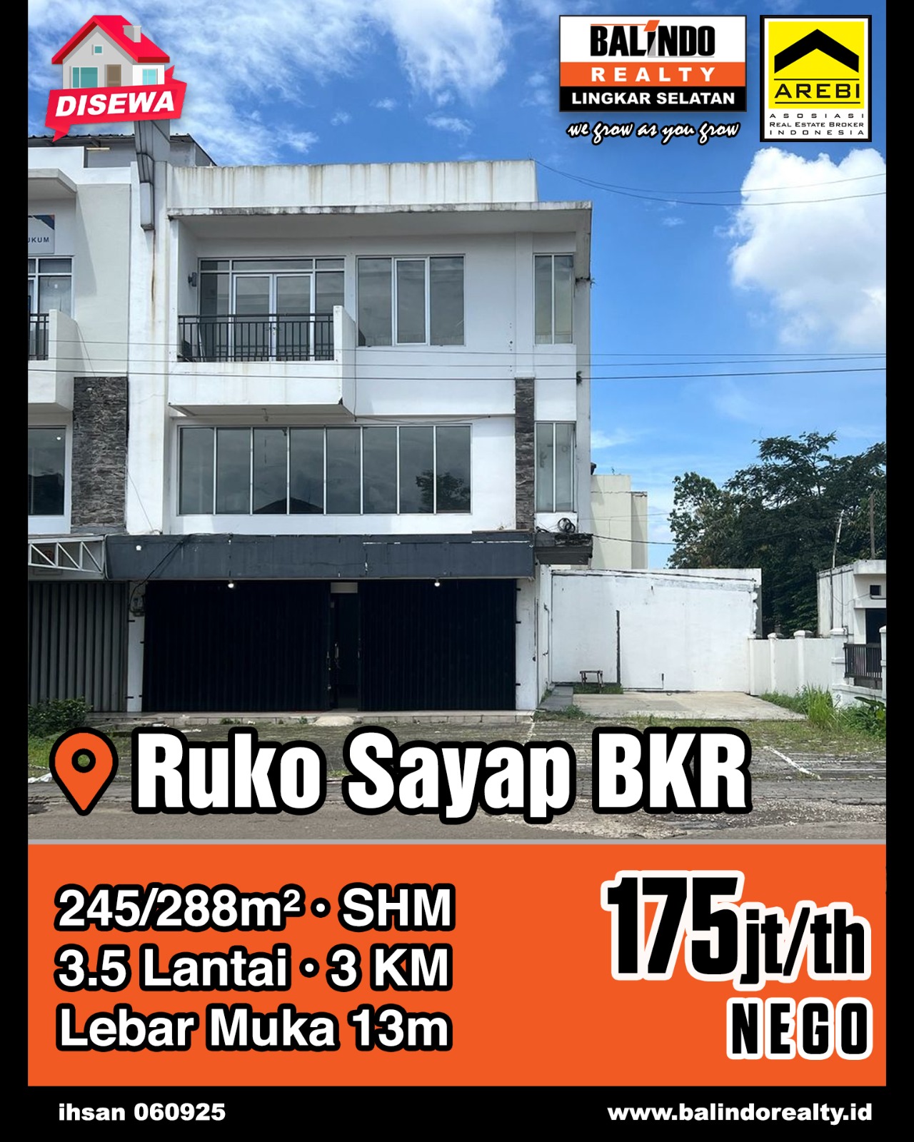 Disewakan Ruko 3. 5 Lantai Strategis Tengah Kota di Sayap BKR