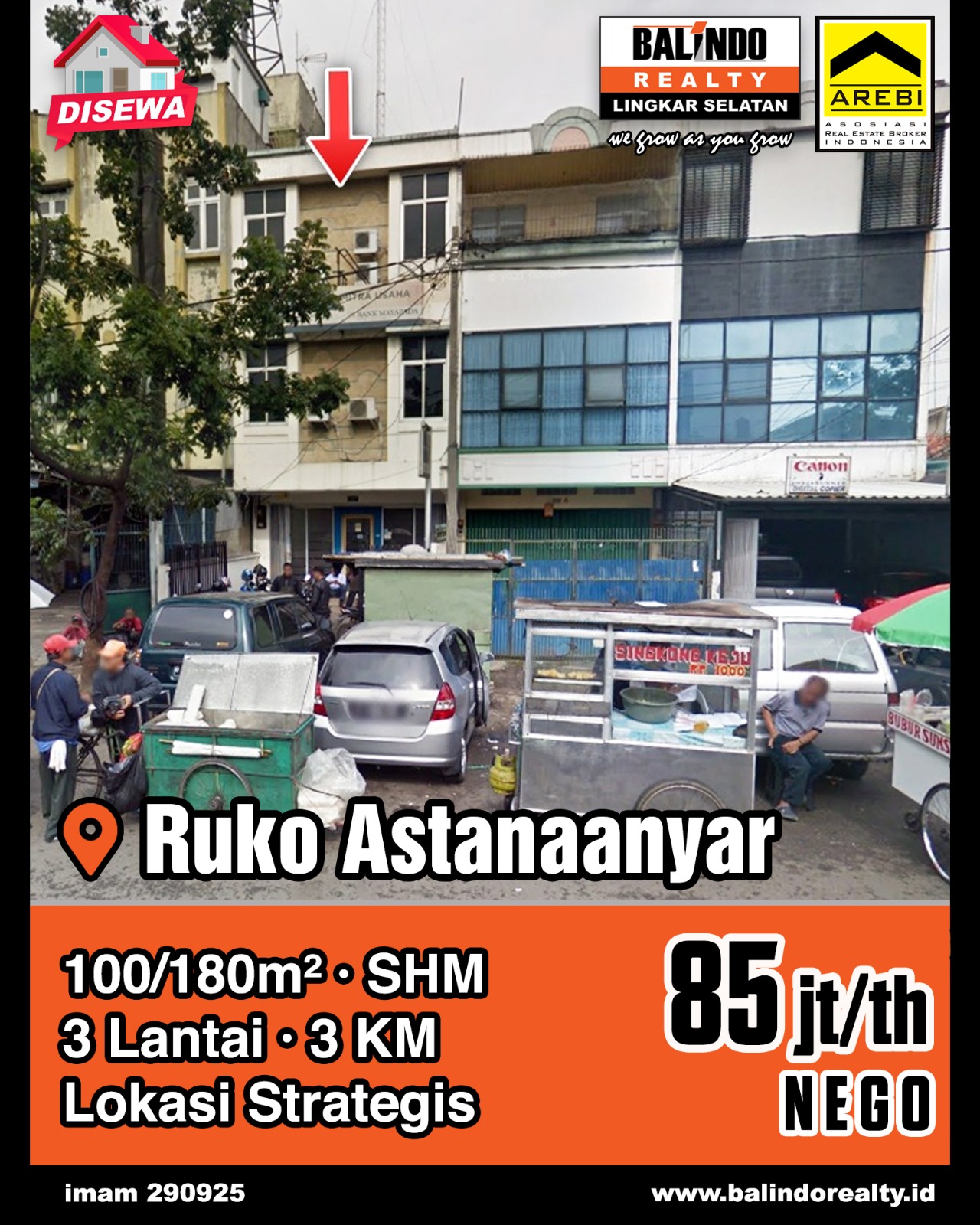 Disewakan Ruko 3 Lantai Strategis Tengah Kota di Astanaanyar