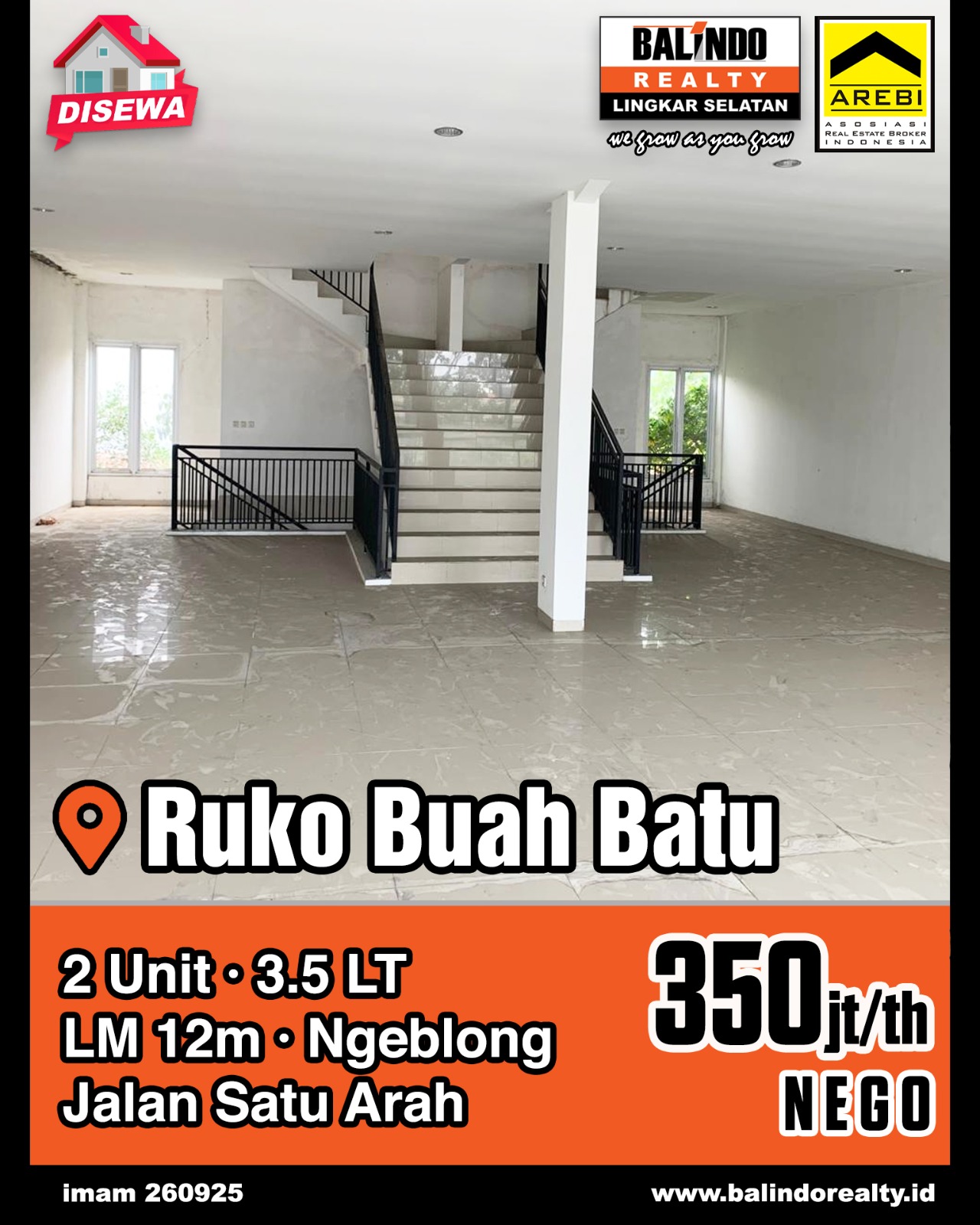 Disewakan Ruko 3.5 Lantai Ngeblong Jalan Satu Arah di Buahbatu