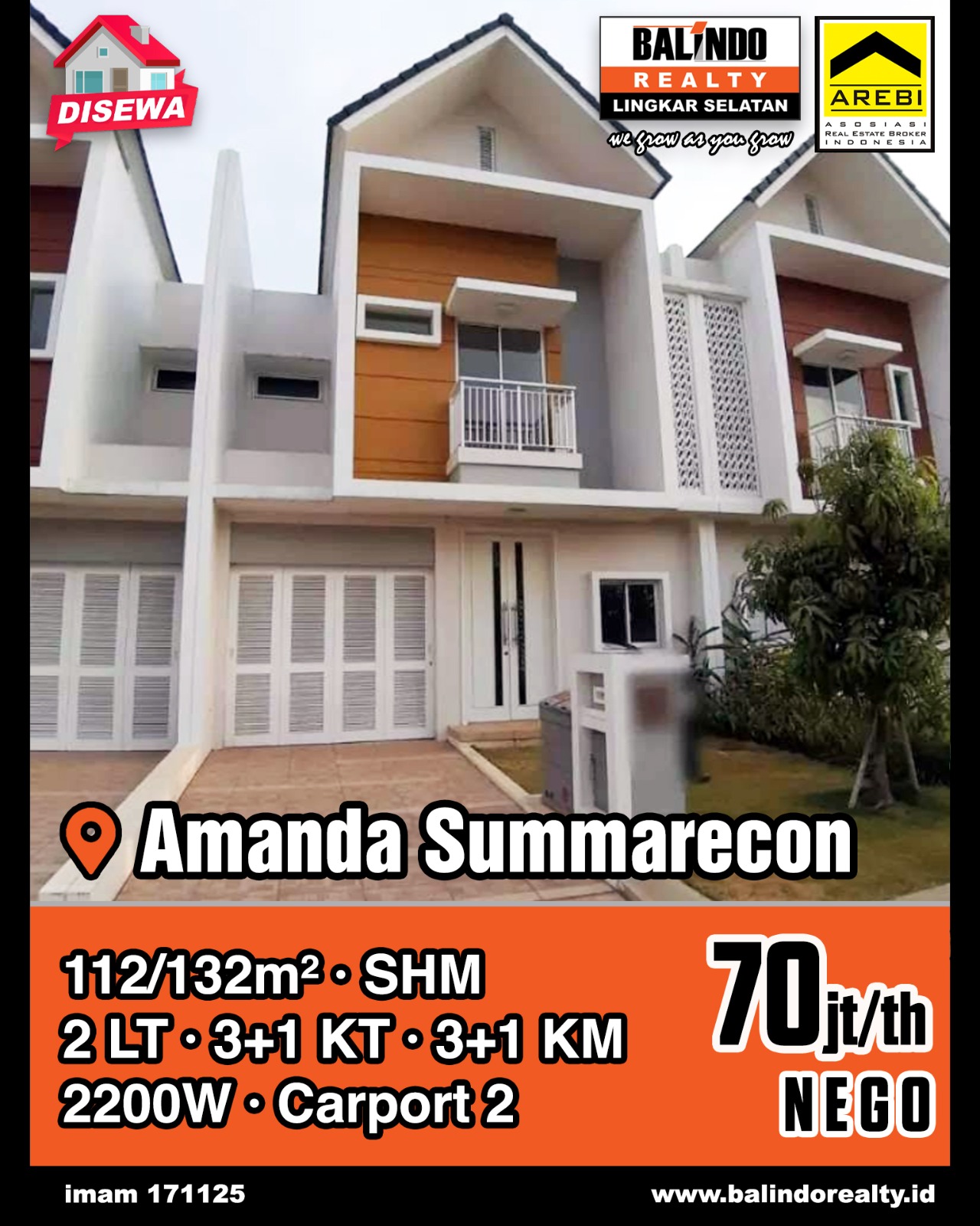 Disewakan Rumah Nyaman di Amanda Summarecon