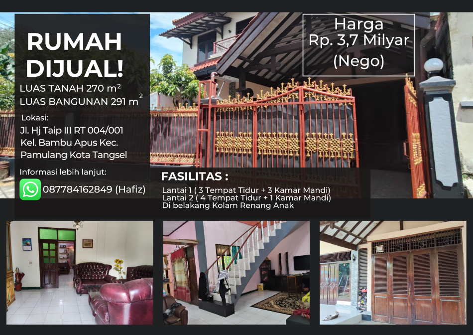 Harga Nego! Rumah 7 Kamar 2 Lantai dengan Kolam Renang anak Tang