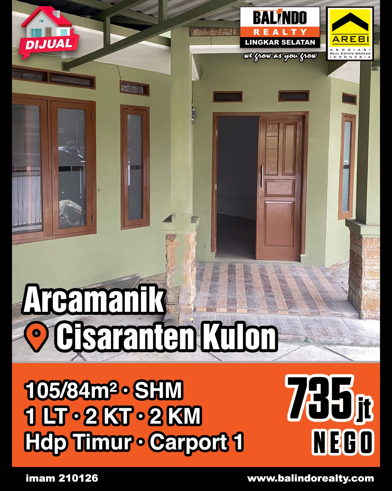 Dijual Rumah 1 Lantai Hadap Timur di Arcamanik Cisaranten Kulon