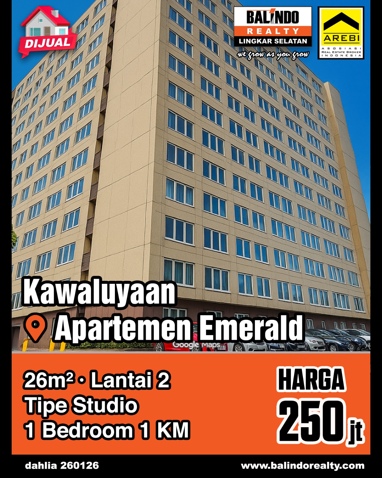 Dijual Apartemen Tipe Studio di Kawaluyaan Apartemen Emerlad