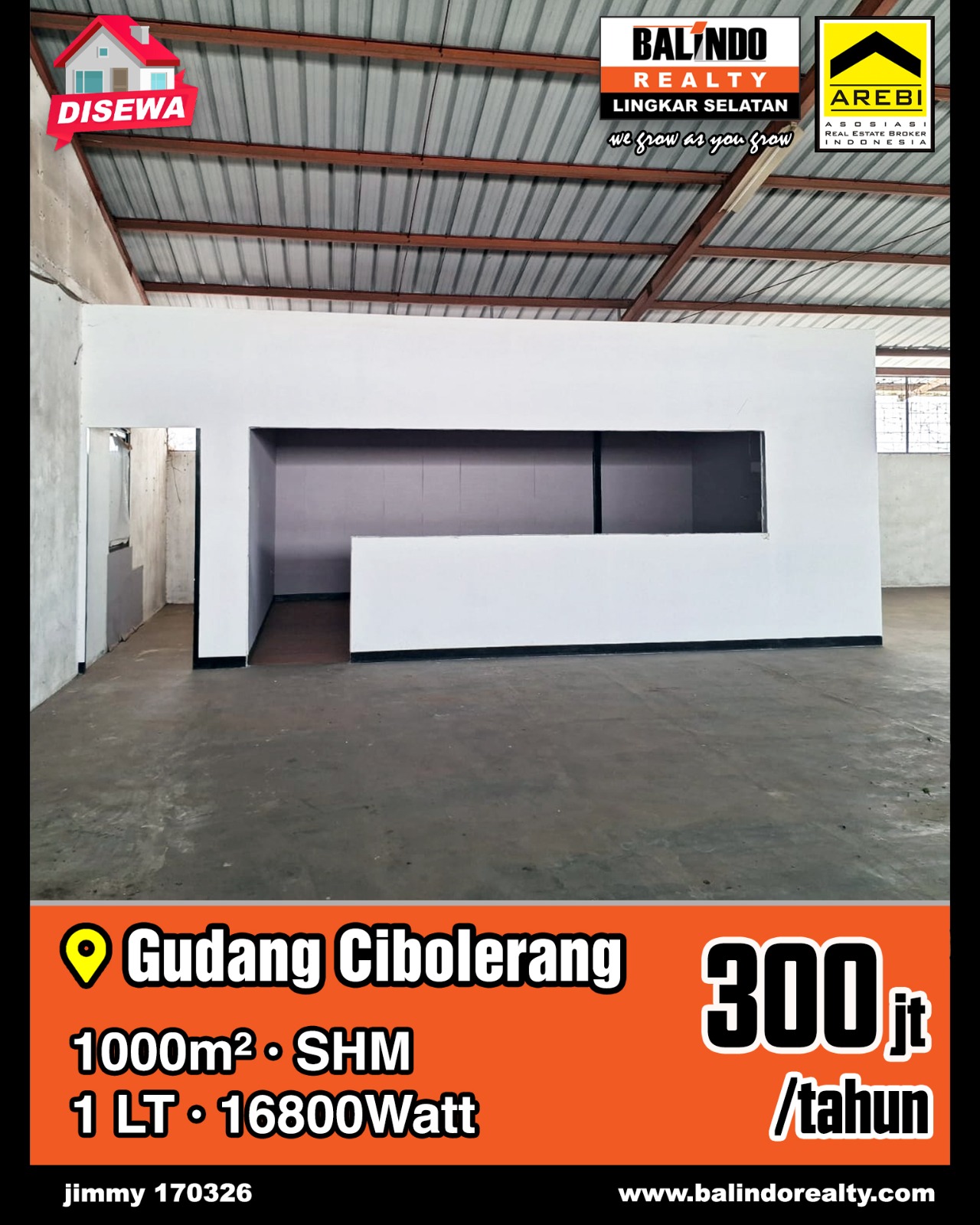Disewakan Gudang Lokasi Strategis Luas 1.000m di Cibolerang