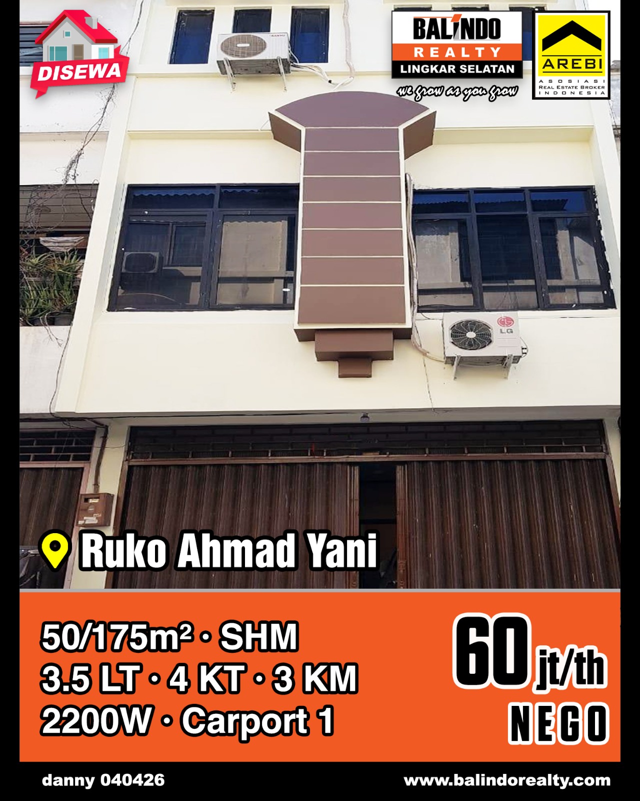 Disewakan Ruko Lokasi Strategis Tengah Kota di Ahmad Yani