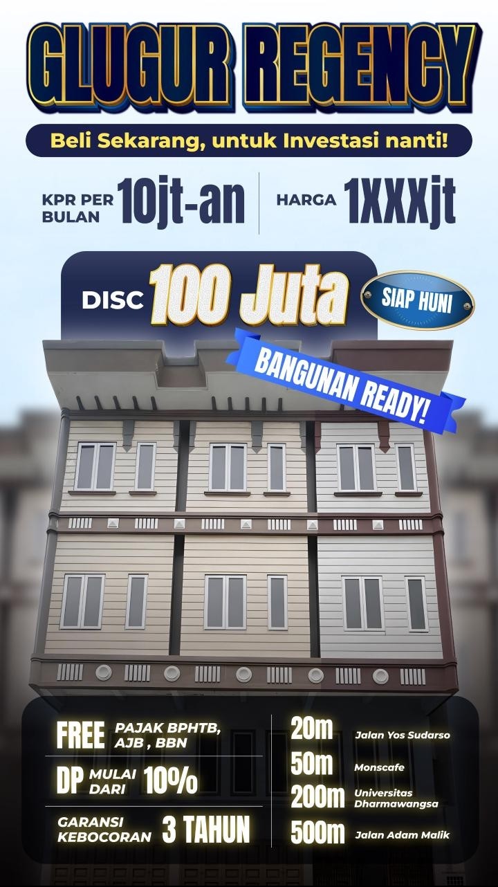 komplek Glugur Regency jual Ruko Siap huni Jl. Yos Sudarso Medan