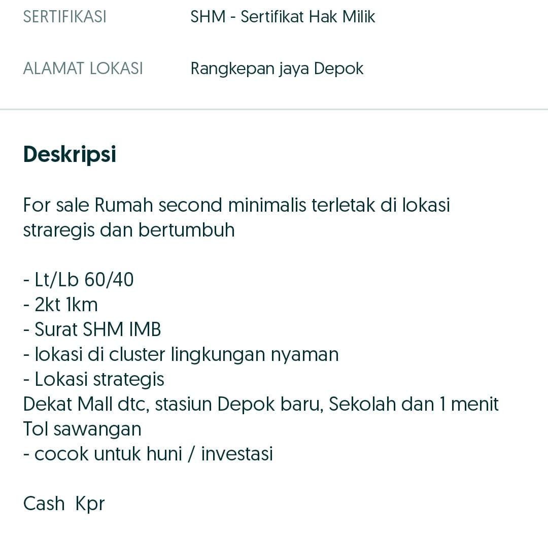 Dijua; Rumah Siap Huni, 5 Menit ke Pintu Tol Depok