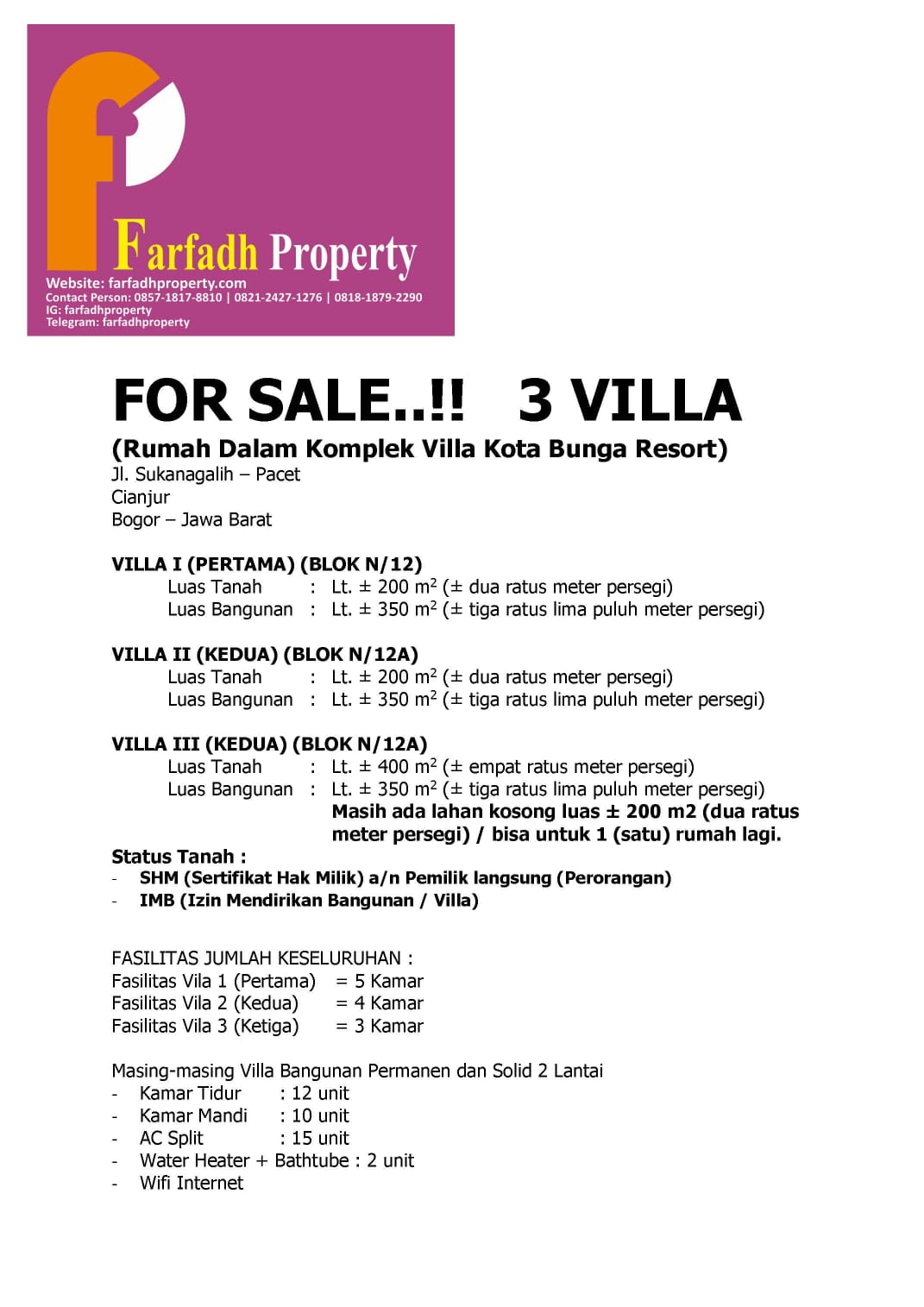 DIJUAL CEPAT 3 VILLA (Rumah Dalam Komplek Villa Kota Bunga CIANJ