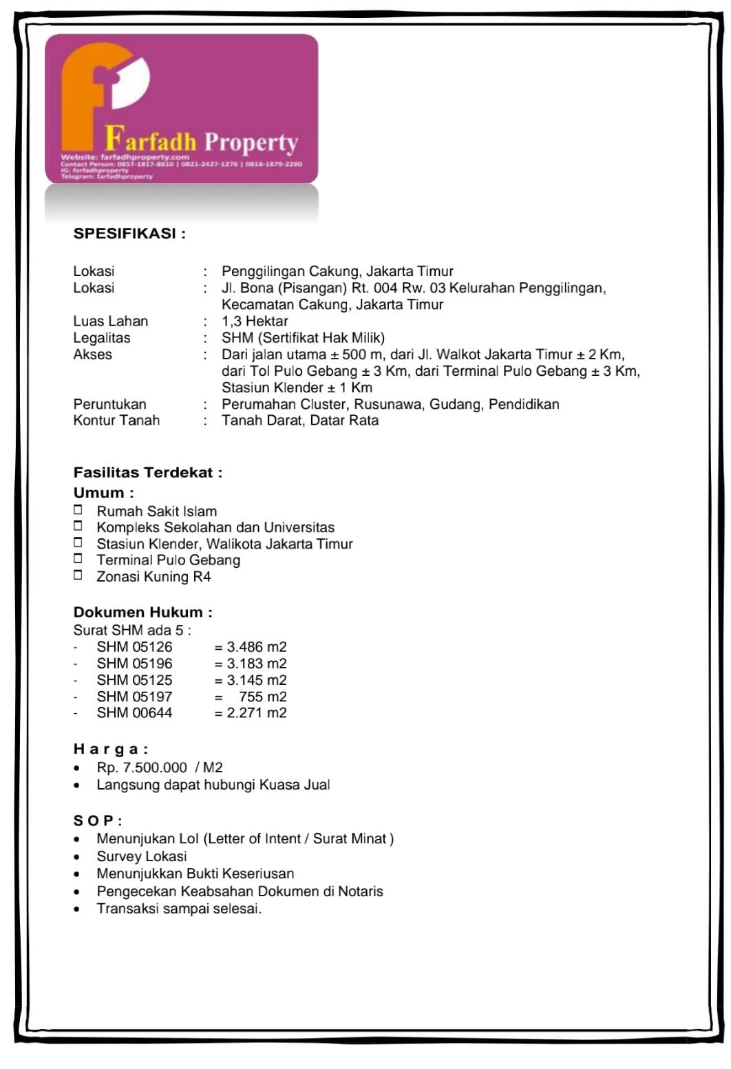 DIJUAL CEPAT  TANAH SHM  AKSES MUDAH PENGGILINGAN JAKARTA TIMUR