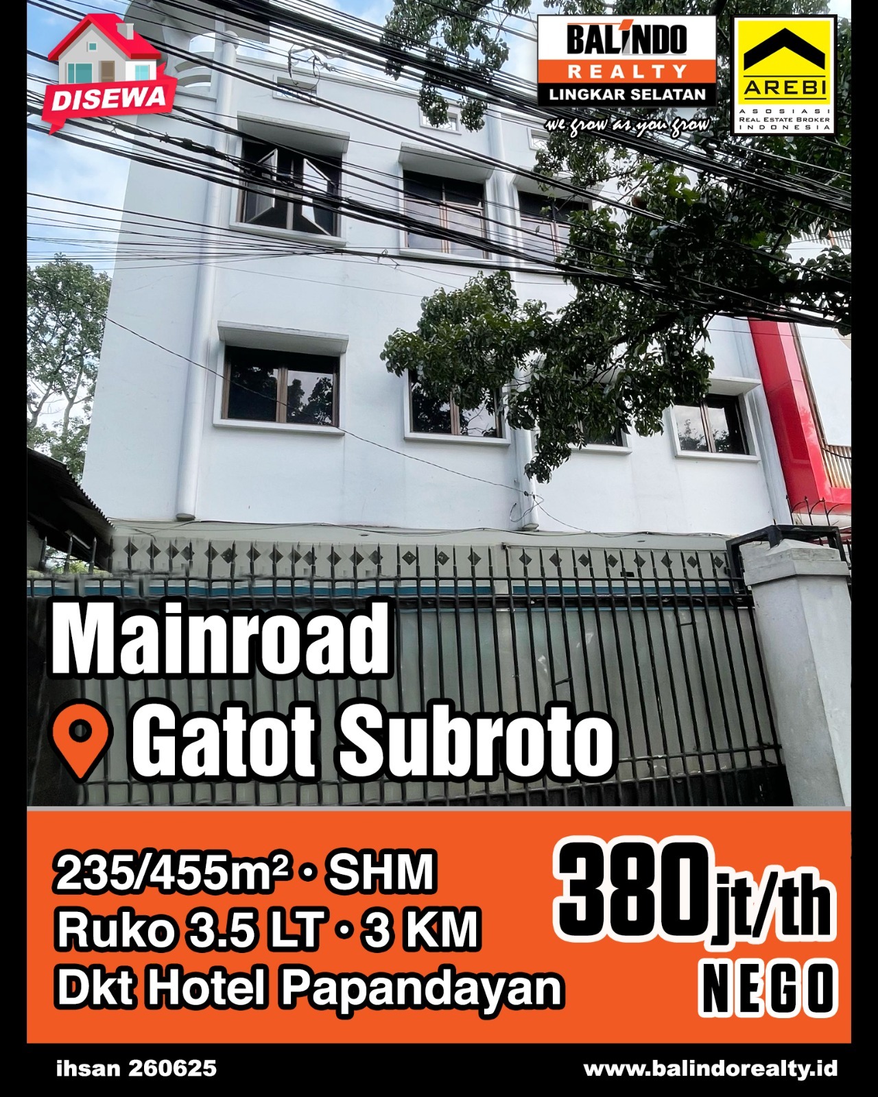 Disewakan Ruko Dekat Hotel Papandayan di Gatot Subroto