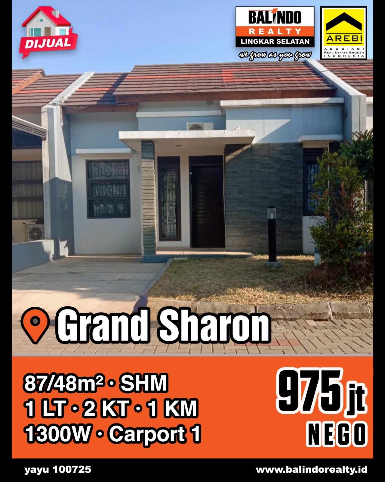 Dijual Rumah Nyaman 1 Lantai di Grand Sharon