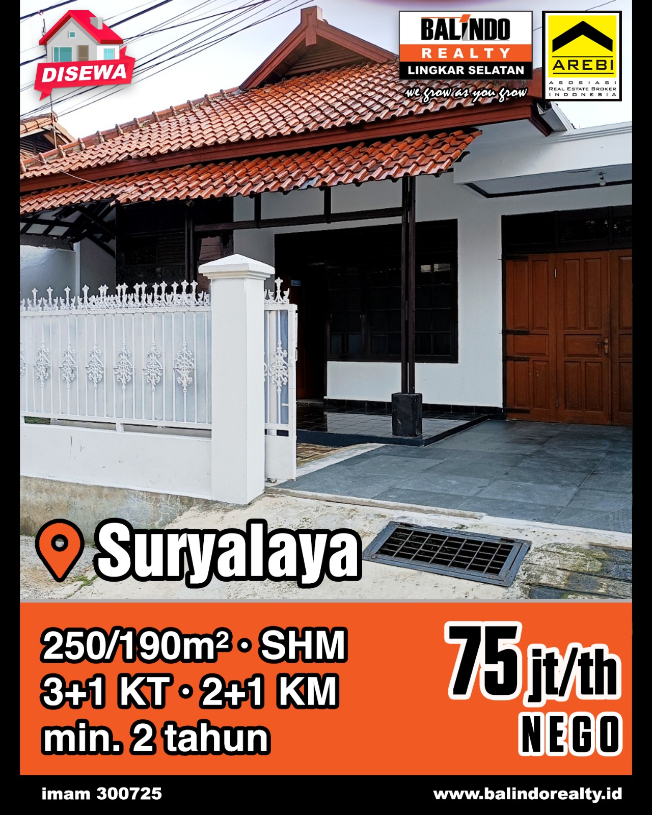 Disewakan Rumah Nyaman Strategis Tengah Kota di Suryalaya